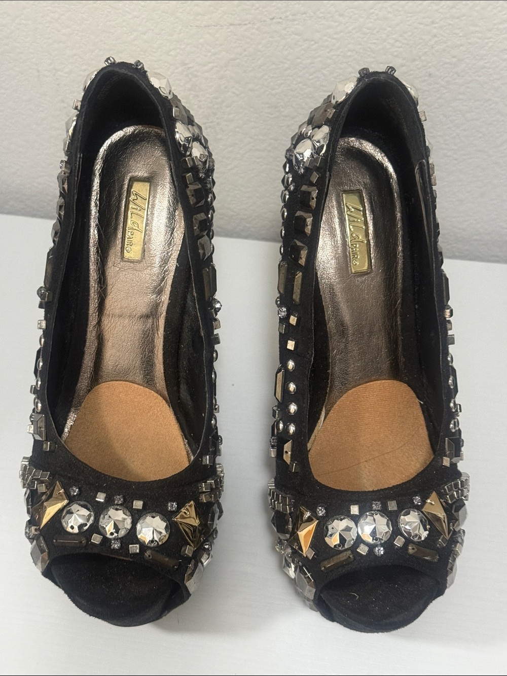 Wild Pair Black Embellished Peep-Toe Heels